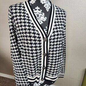 Cyrus Black and White Houndstooth V-Neck Cardigan